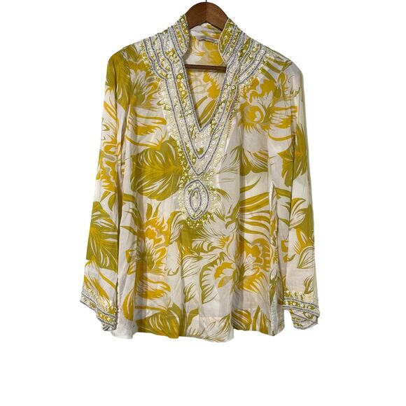 Soft Surroundings Shirt Embellished floral Yellow/Green/Cream Size Small - Picture 1 of 7